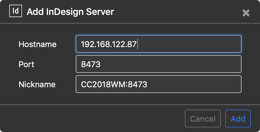Add InDesign Server dialog