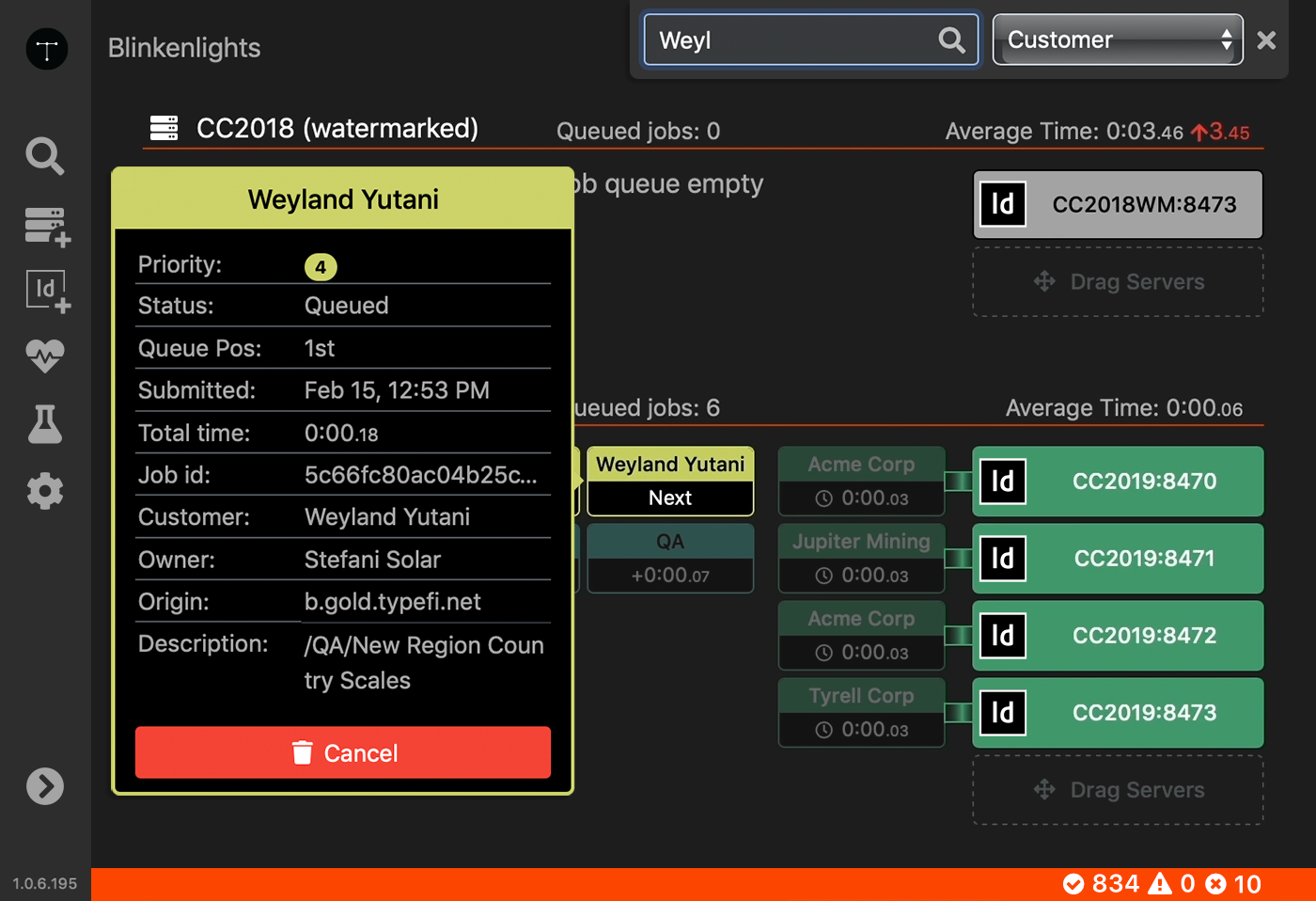 Pop-over dialog showing detailed information about the selected job