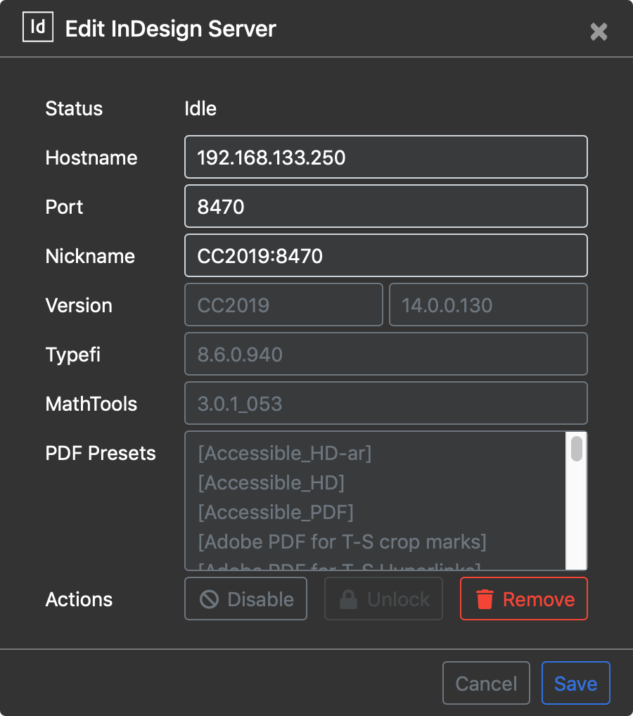 Edit InDesign Server dialog