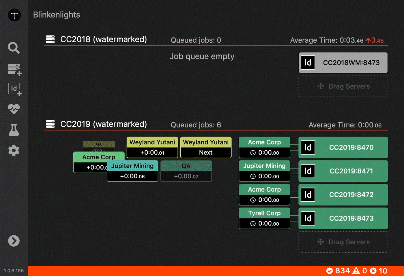 Animated view of the Blinkenlights dashboard showing multiple jobs in a single queue with four InDesign Server instances