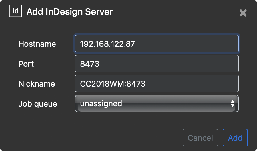 Add InDesign Server dialog