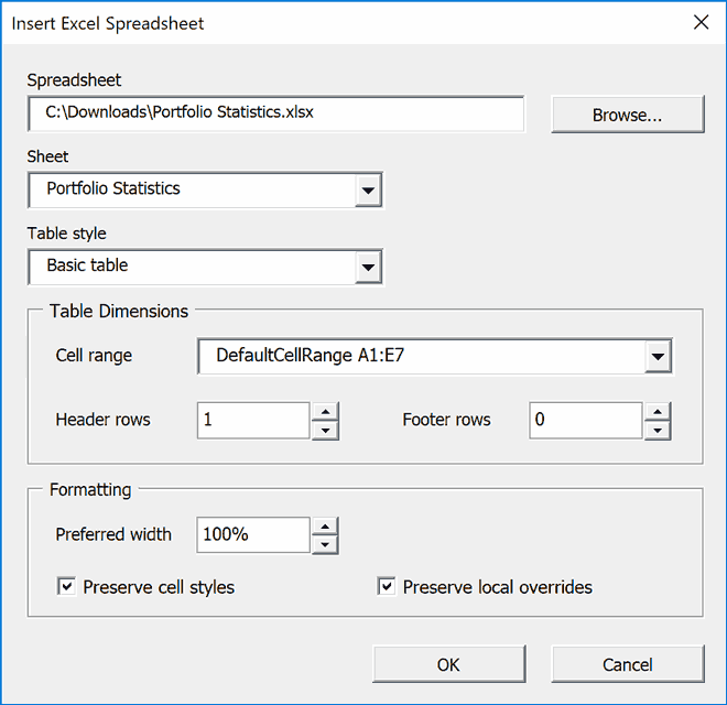 Animated image showing the Insert Excel Spreadsheet dialog and the Sheet and Cell Range drop-down menus