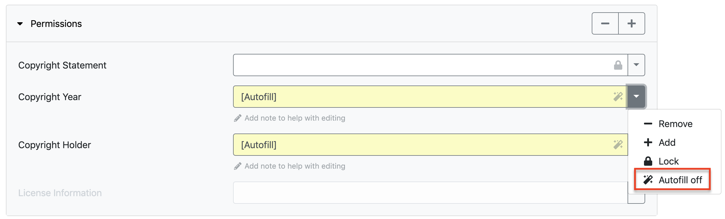 Screenshot of selecting the dropdown arrow icon next to the metadata field and selecting Autofill off