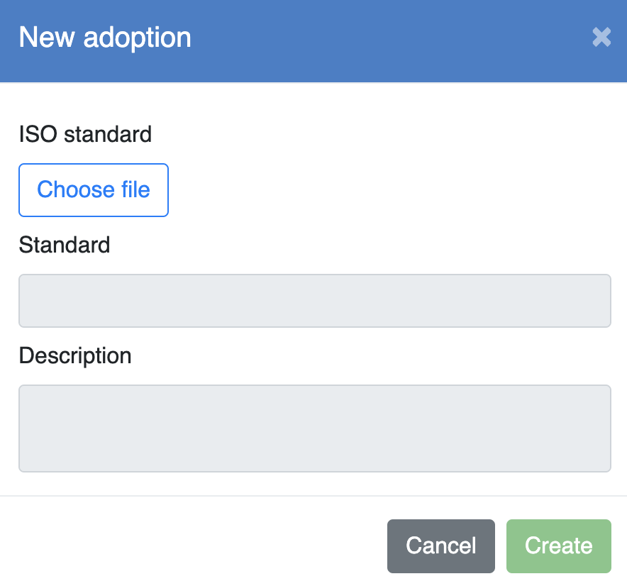 Screenshot of the New adoption dialog with all fields completed. The Create button is muted and not clickable.