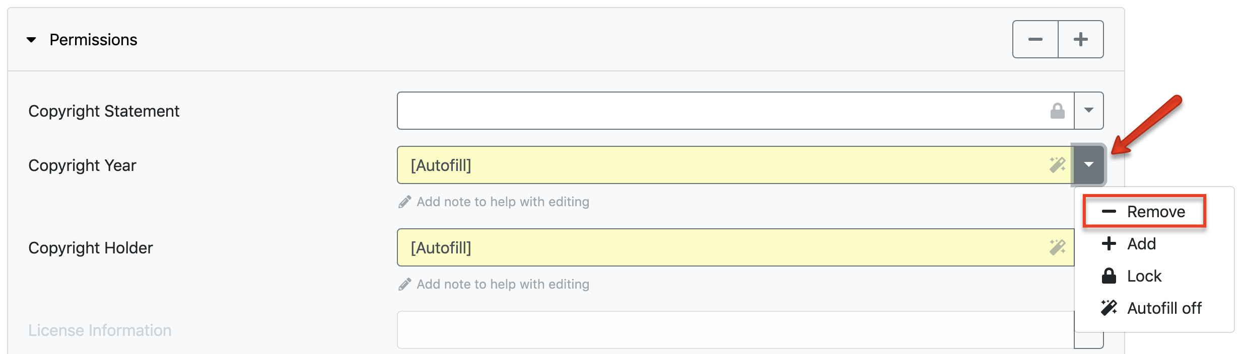 Screenshot of selecting the dropdown arrow icon next to the metadata field and selecting Remove