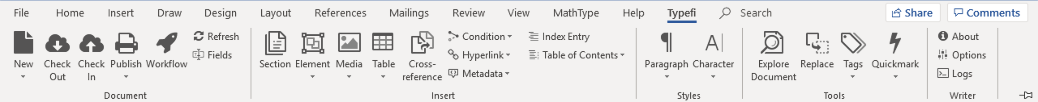 Screenshot of the Typefi Writer ribbon in Word with all buttons showing