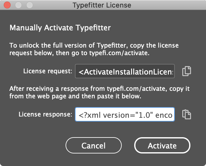 Paste response into the Licence response ifle in the Typefitter Licence dialog