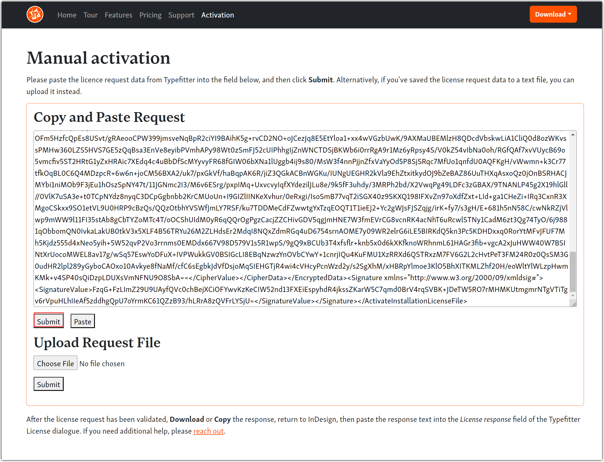 Paste licence request and click Submit