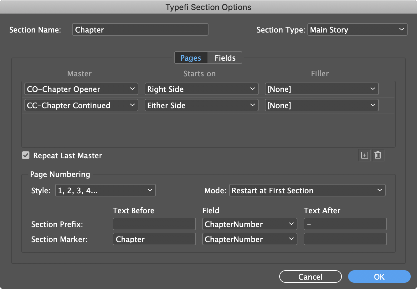 The Section Marker for the Section Chapter has been configured to insert the text Chapter 