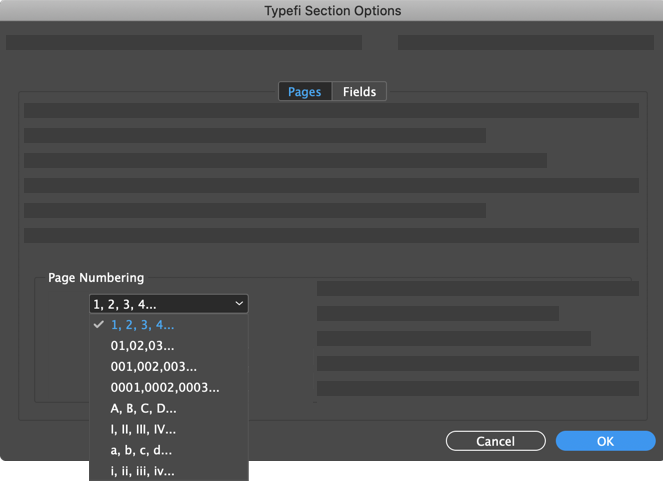 Page numbering style pop-up menu
