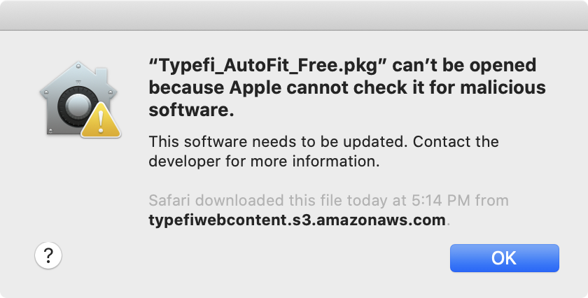 Typefi_AutoFit_Free.pkg can't be opened because Apple cannot check it for malicious software. error