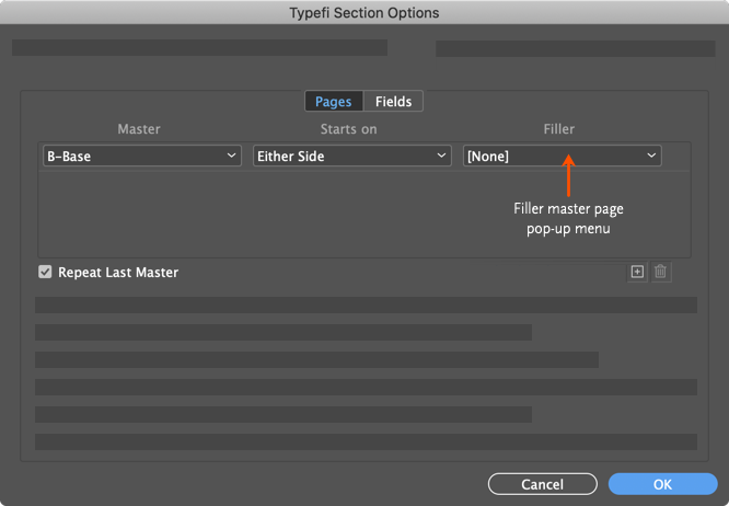 The Filler master page pop-up menu is located in the Typefi Section Options dialog, within the Pages tab.