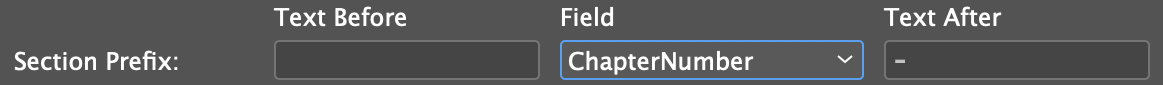 Section Prefix is configured to add the contents of the ChapterNumber Typefi Field, followed by a dash, then the page number.