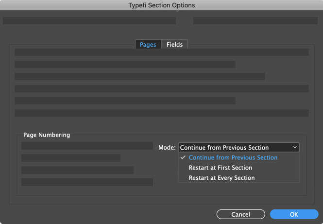 Page numbering mode pop-up menu