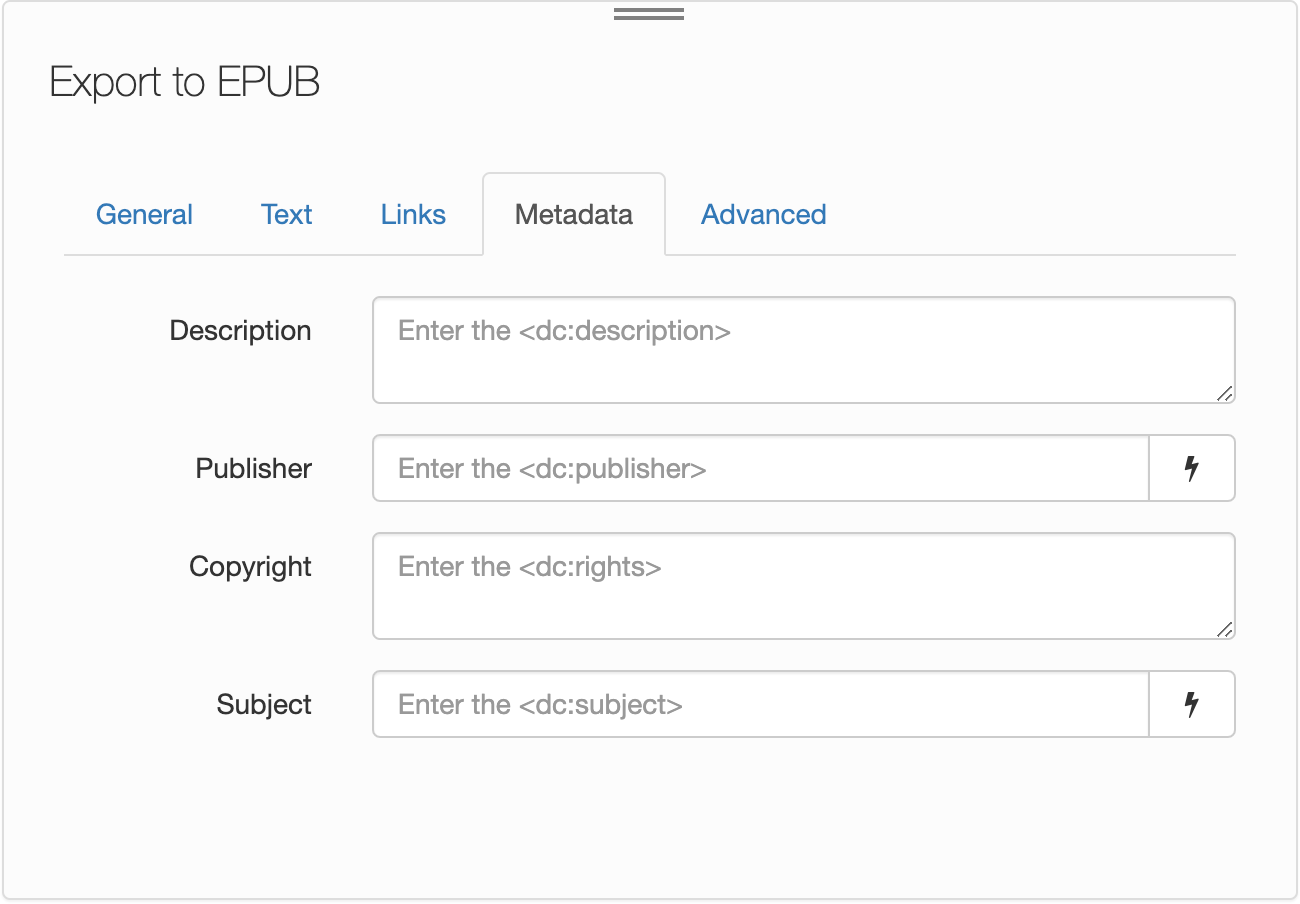 Export to EPUB, Metadata tab