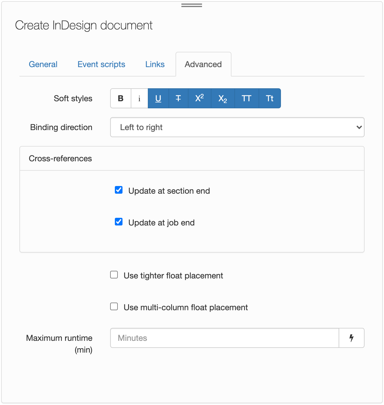 Create InDesign document, Advanced tab
