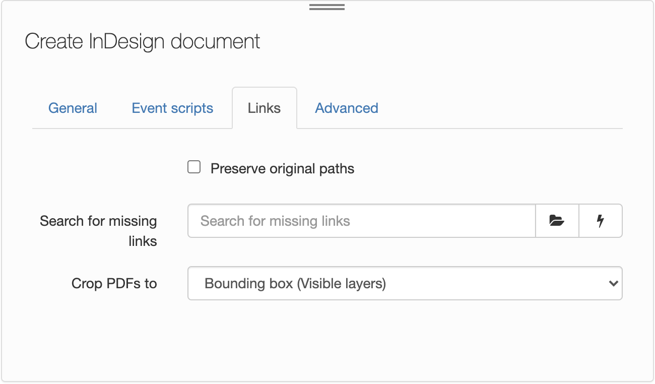 Create InDesign document, Links tab