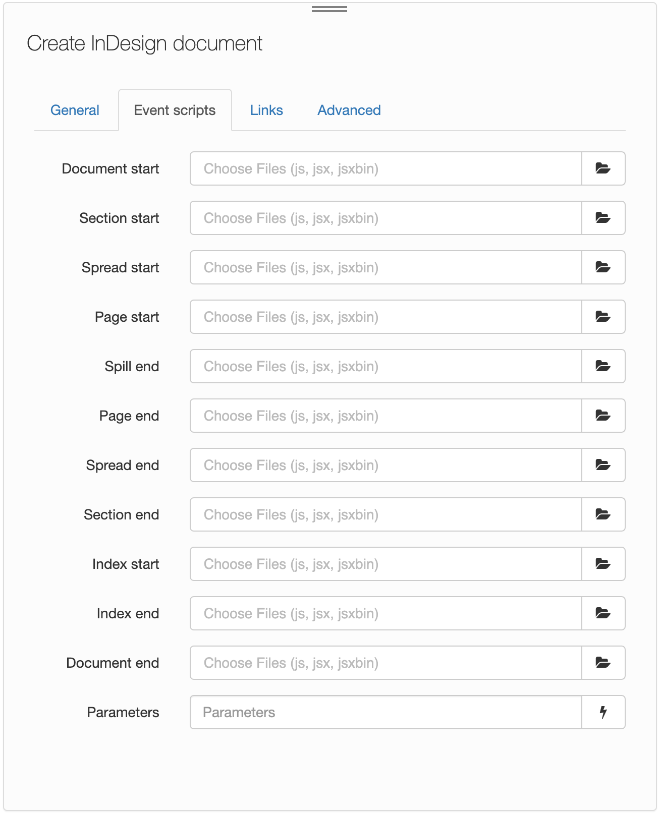 Create InDesign document, Event scripts tab