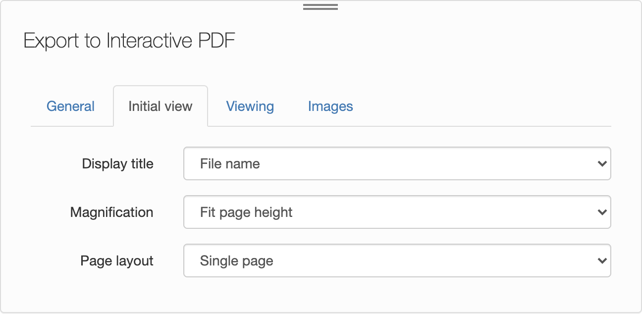 Export to interactive PDF, Initial view tab