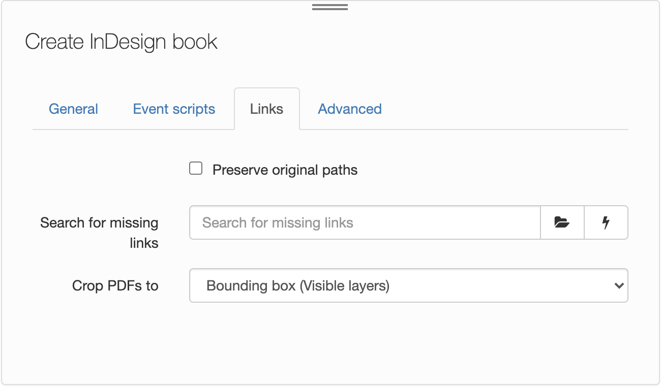 Create InDesign book, Links tab