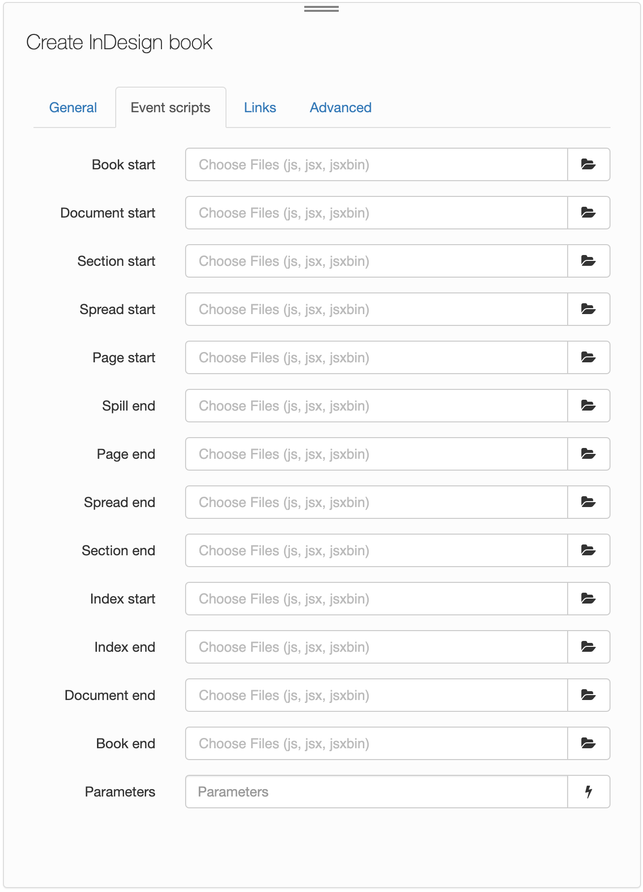 Create InDesign book, Event scripts tab