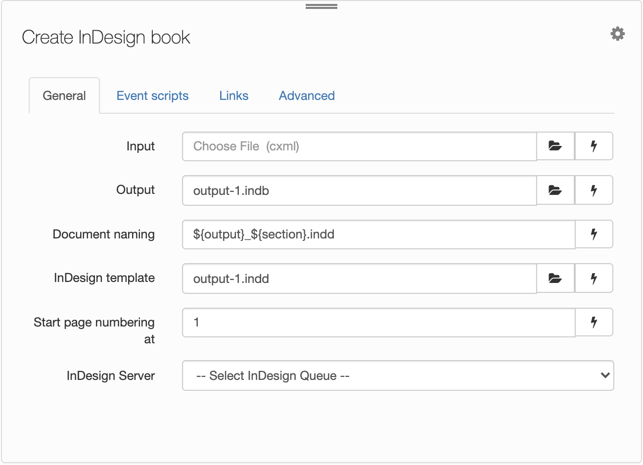 Create InDesign book, General tab