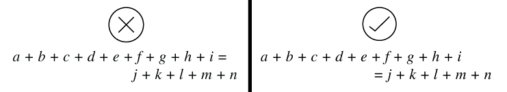 Example of an equation that breaks and aligns correctly and incorrectly