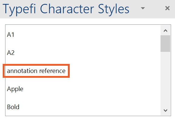 Select the desired Typefi Character Style name