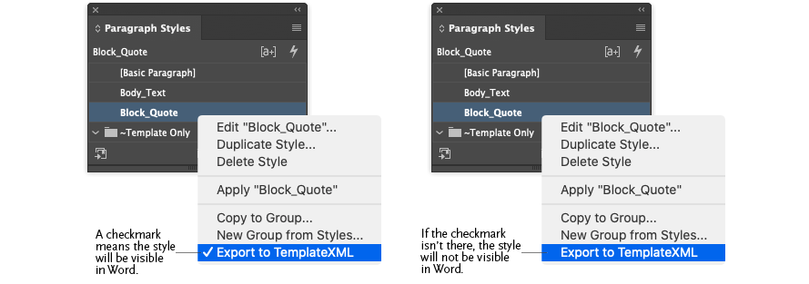 Toggling the Export to Template XML options