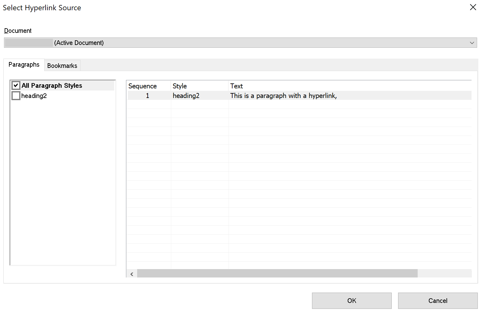 Select Hyperlink Source dialog