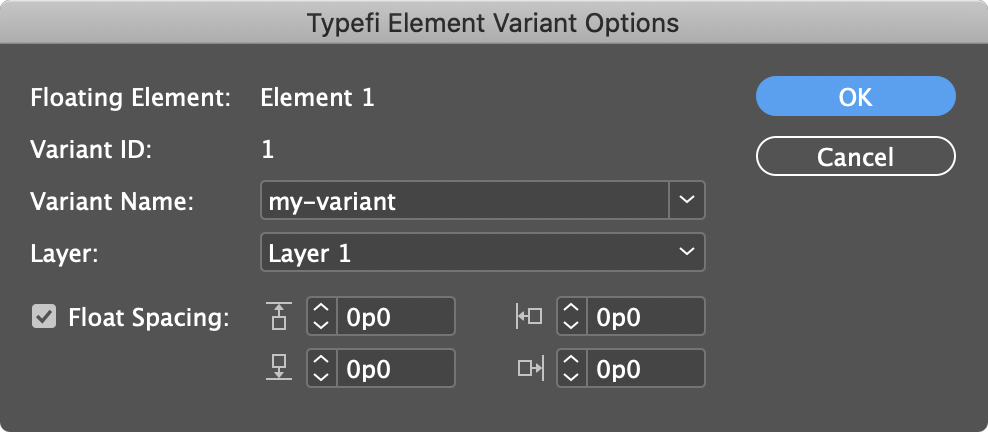Typefi Element Variant Options dialogue