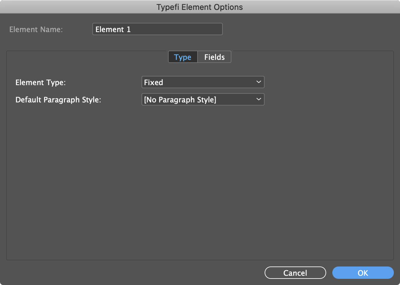 Typefi Element Options dialogue