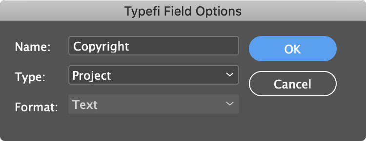 Typefi Field Options dialog