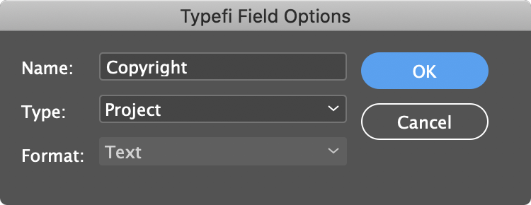 Typefi Field Options dialogue