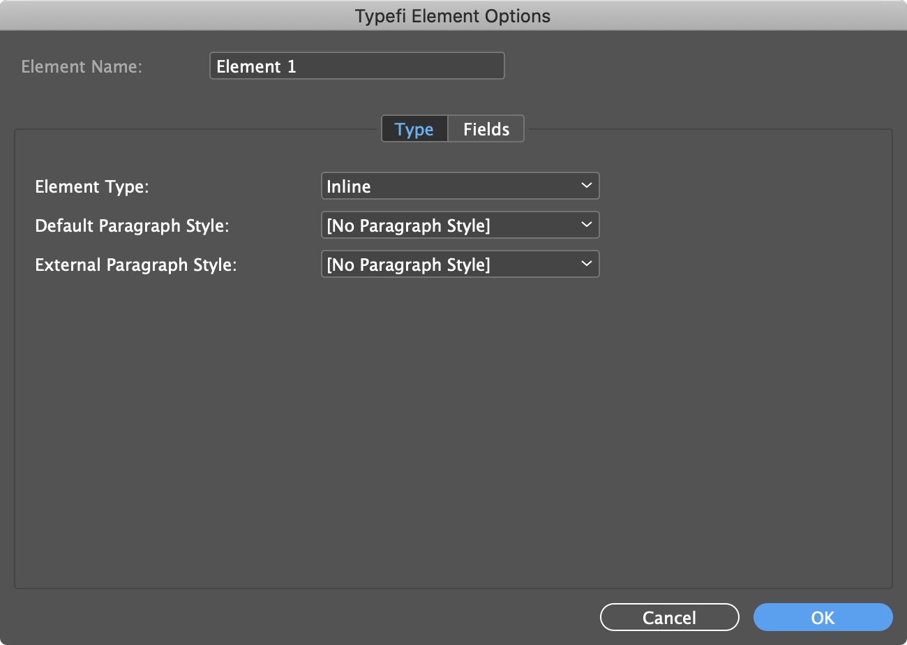 Typefi Element Options dialogue