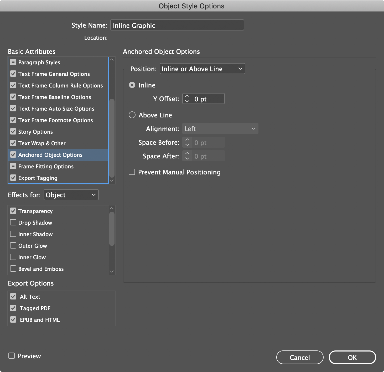 Object Style Options dialogue