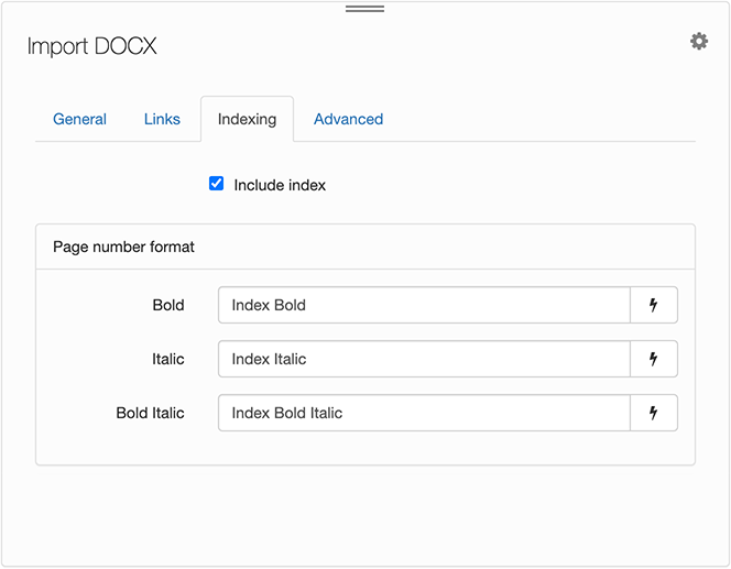 Import DOCX, Indexing tab
