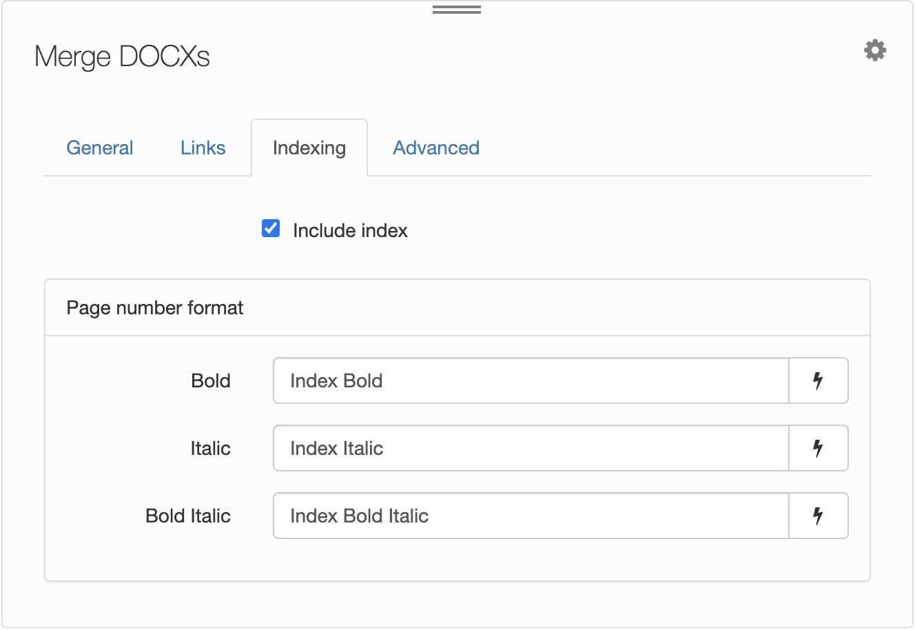 Merge DOCXs, Indexing tab
