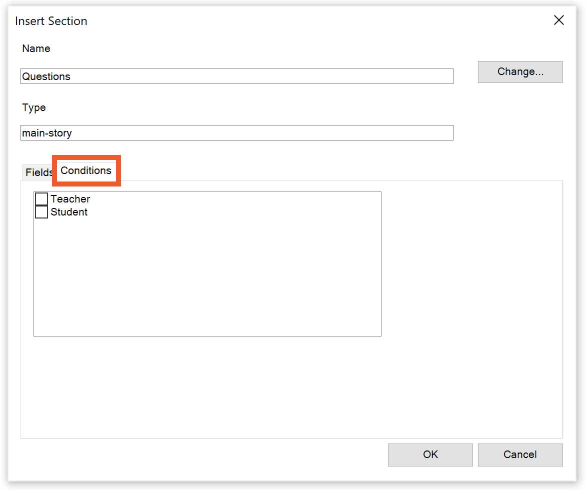 Conditions tab in the Insert Section dialogue