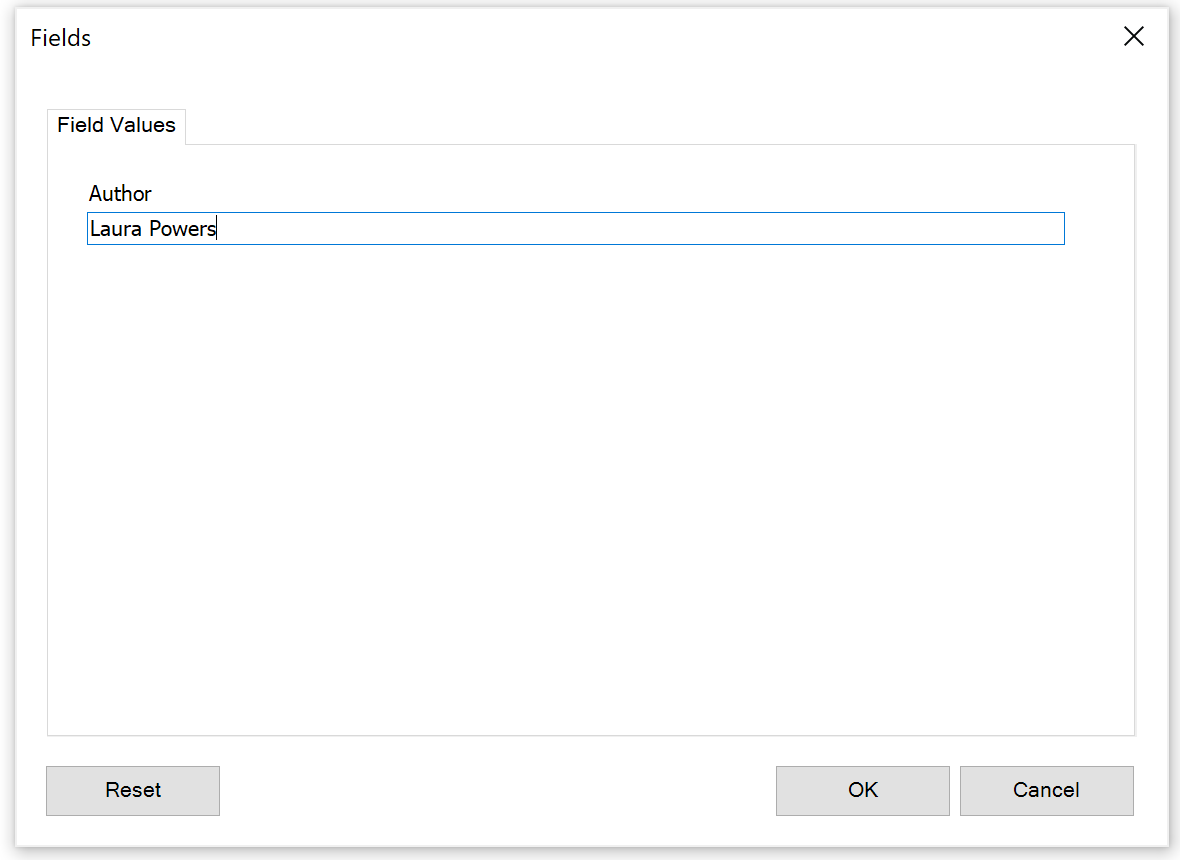Inserting the value Laura Powers in the Author Project Field