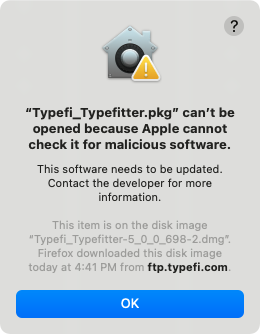 Typefi_Typefitter.pkg can't be opened because Apple cannot check it for malicious software. error