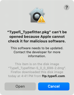 alternate Typefi_Typefitter.pkg can't be opened because Apple cannot check it for malicious software. error