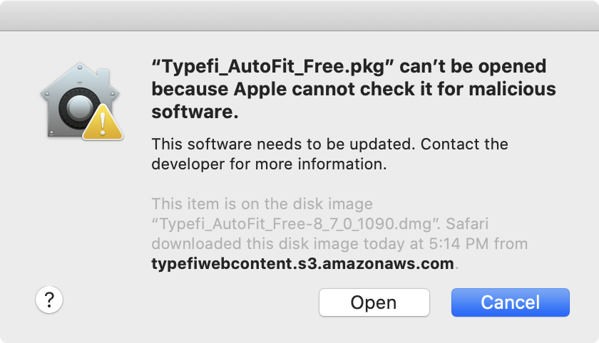 alternate Typefi_AutoFit_Free.pkg can't be opened because Apple cannot check it for malicious software. error