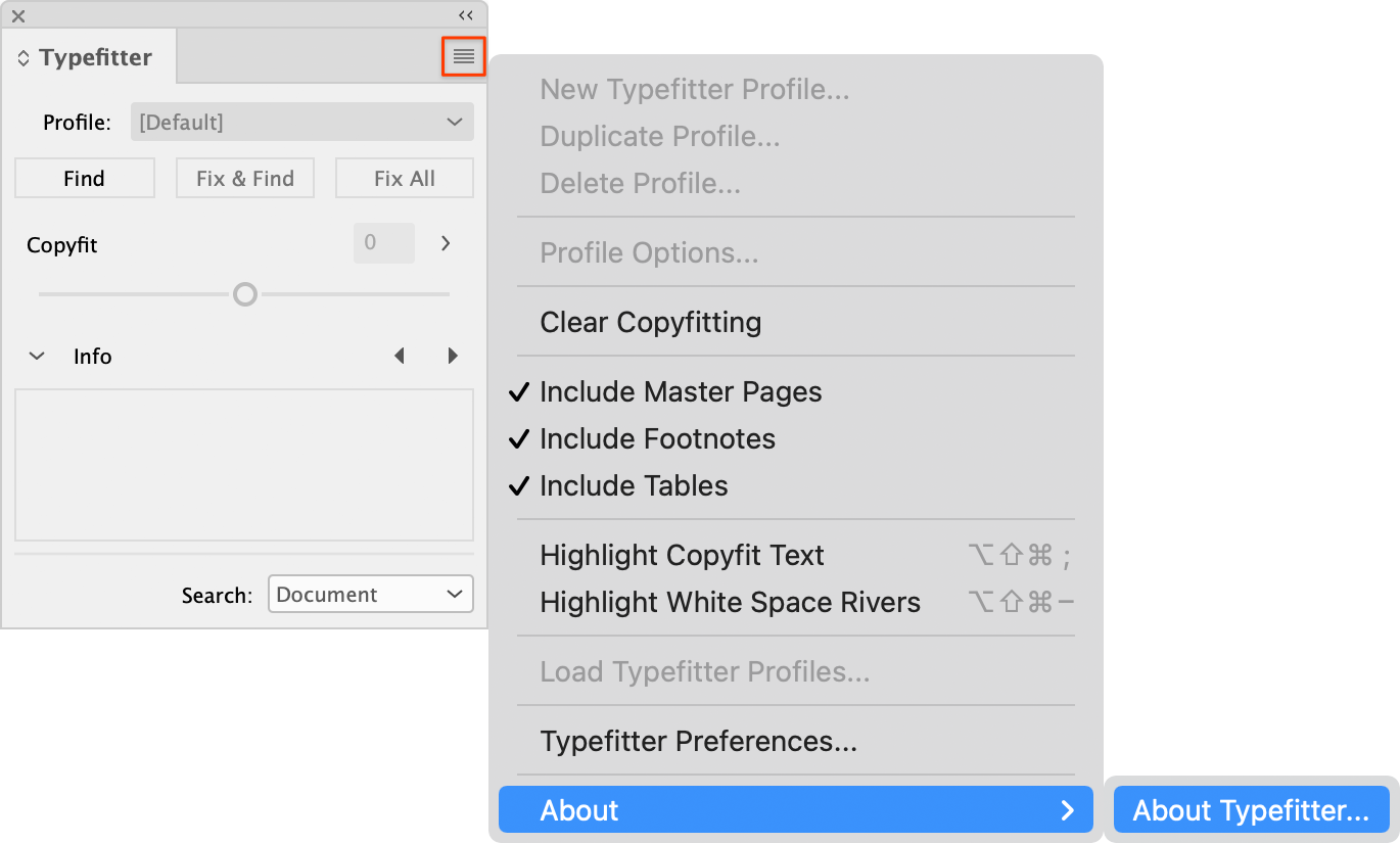 Choose About → About Typefitter from the panel menu