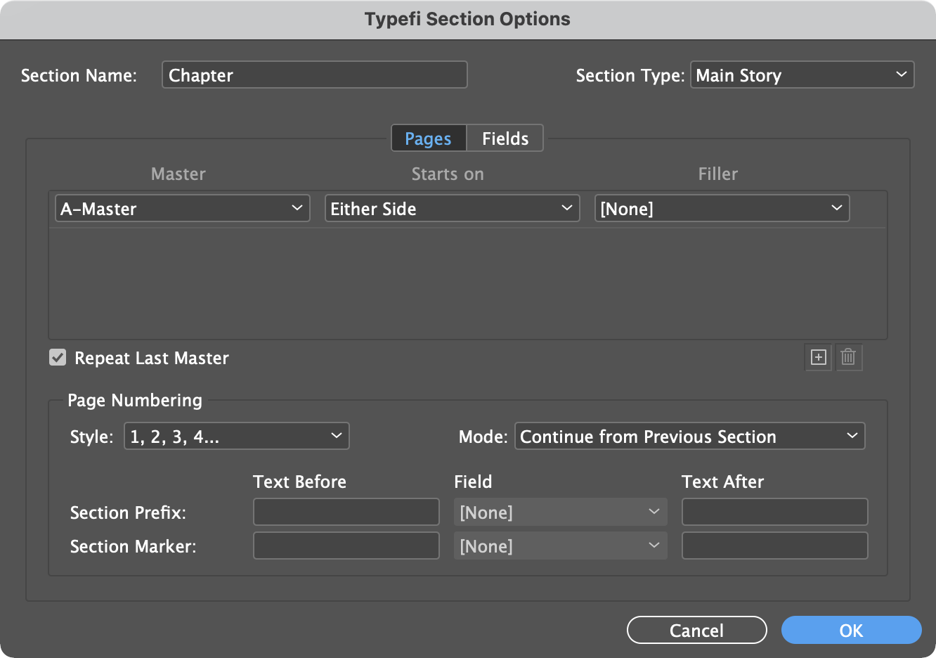 Typefi Section Options dialogues