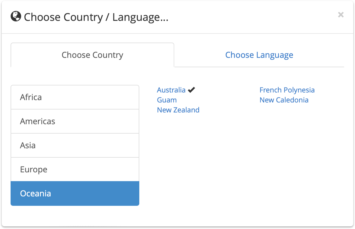 FastSpring country/currency selection popover dialog
